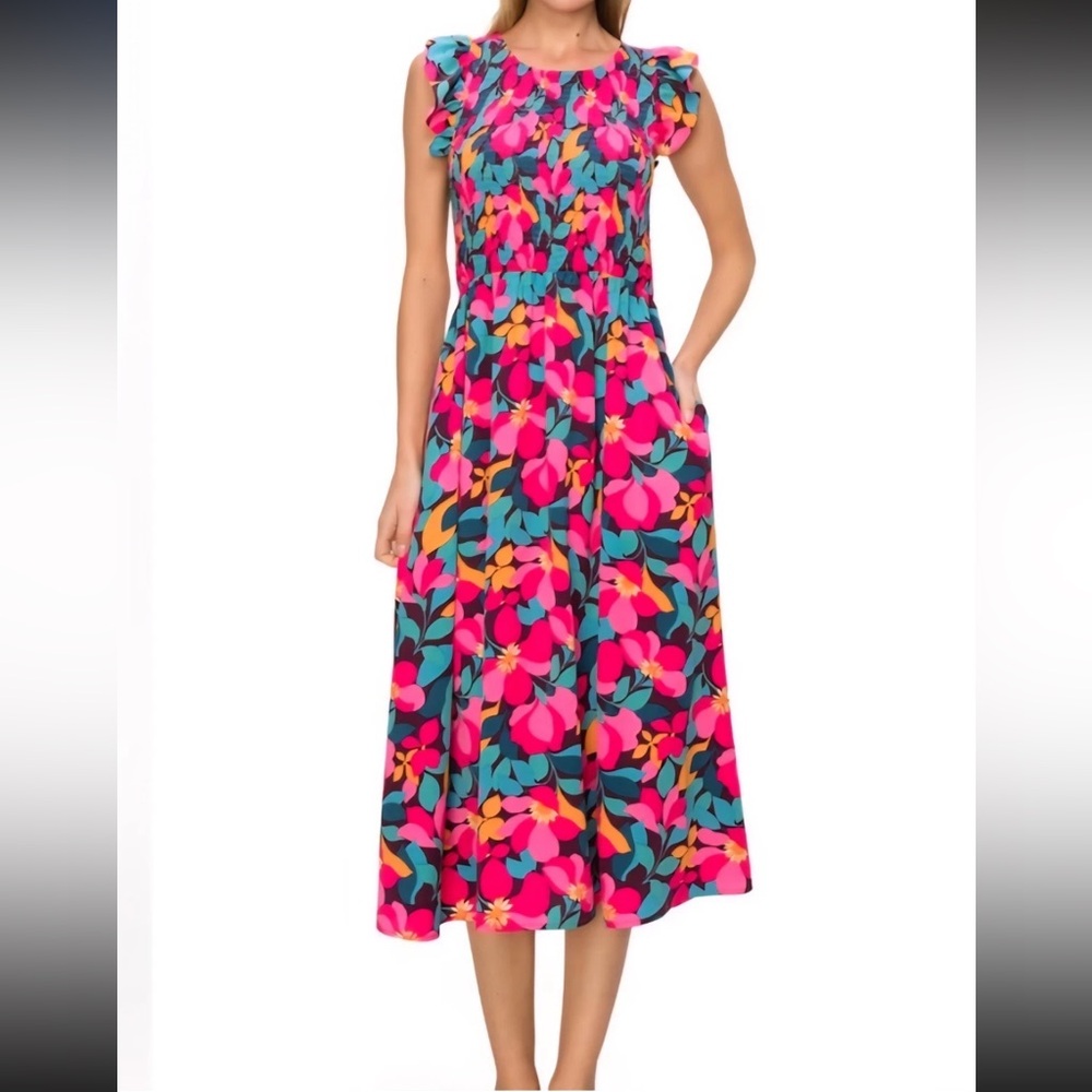 MELLODAY Asymmetrical Floral Midi Dress in Hot Pink, Teal & Orange